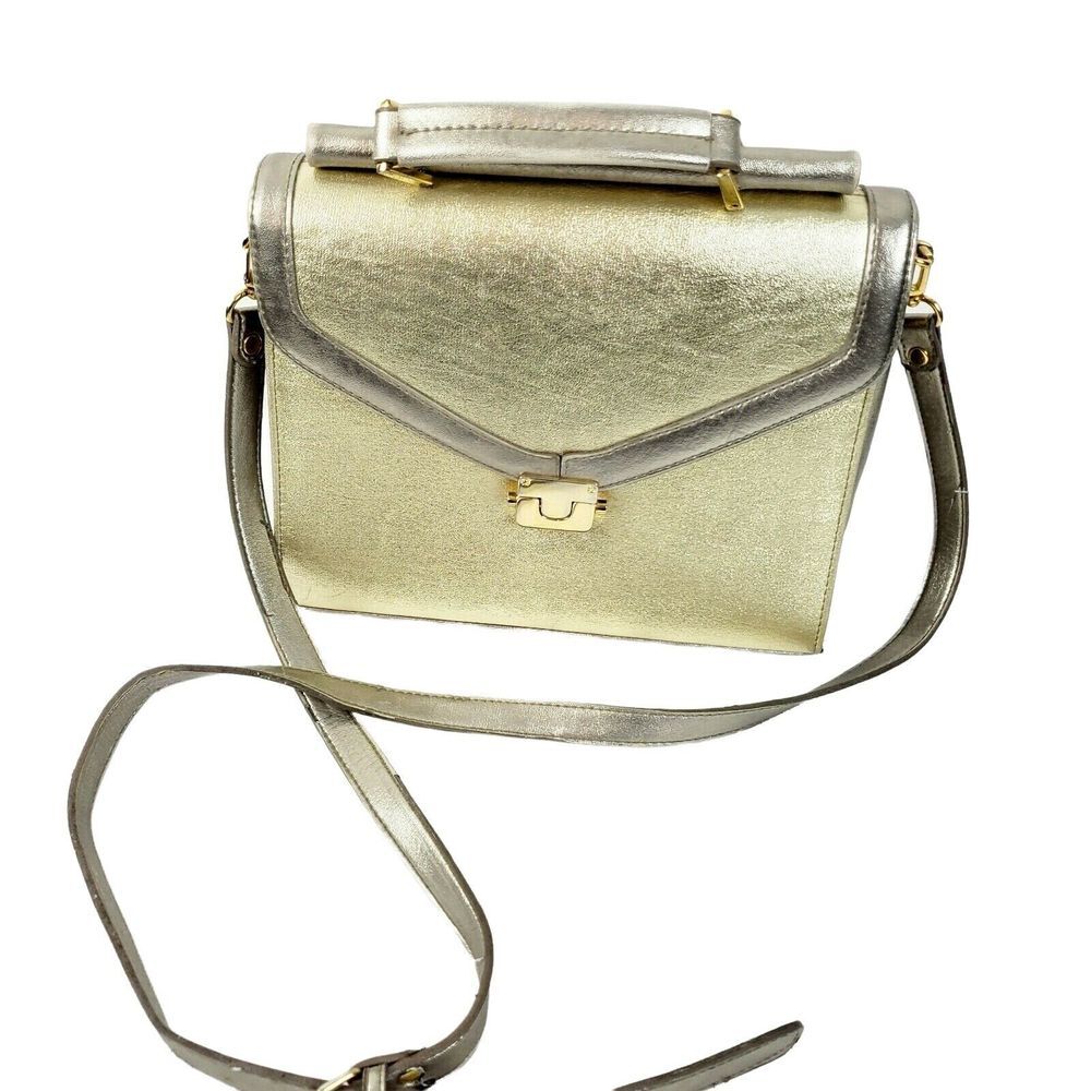 Vintage Gold Silver Metallic Envelope Shoulder Bag Purse Metal Closure